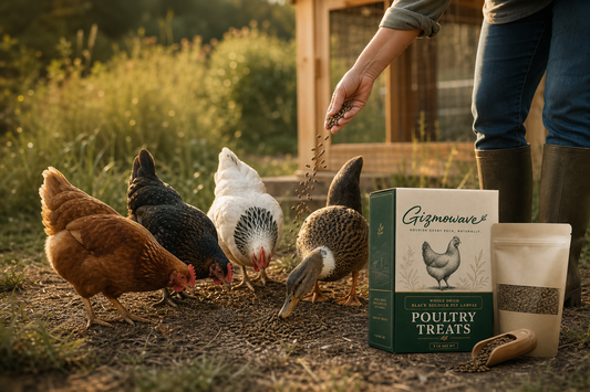 Chickens and a duck enjoying Gizmowave black soldier fly larvae treats