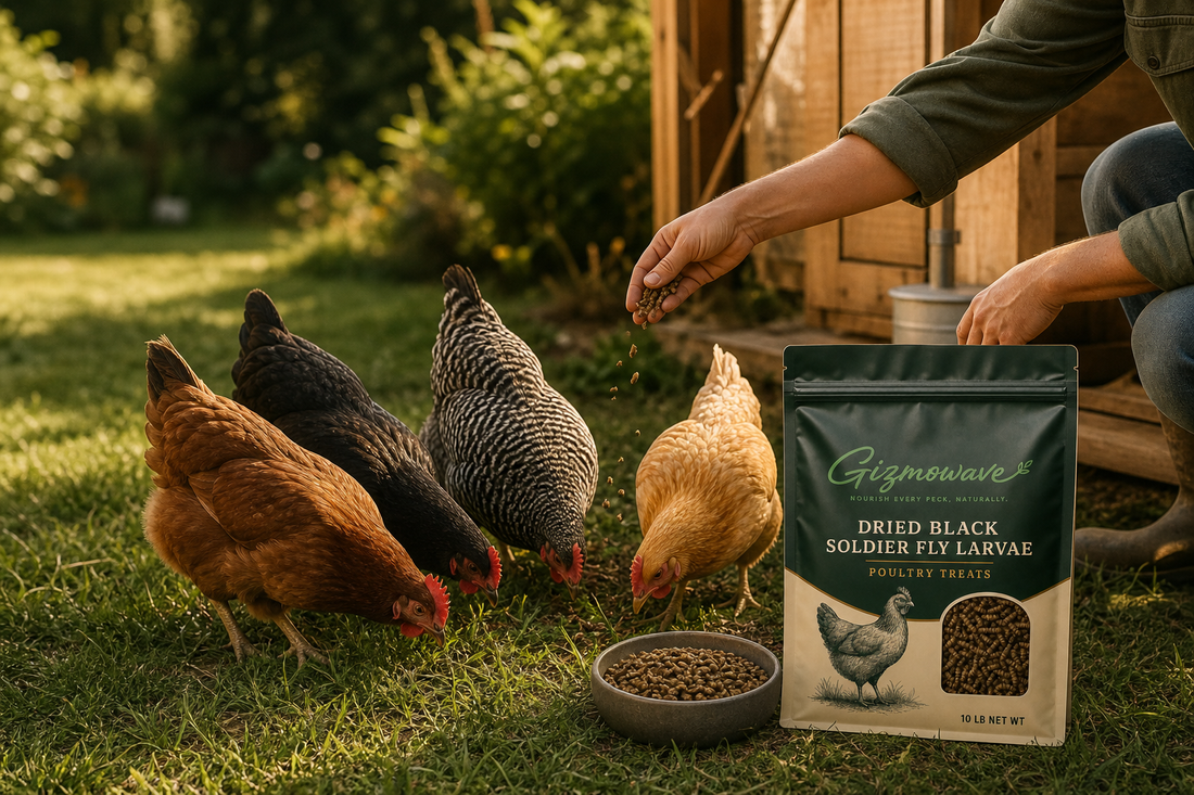 Backyard flock enjoying Gizmowave black soldier fly larvae treats