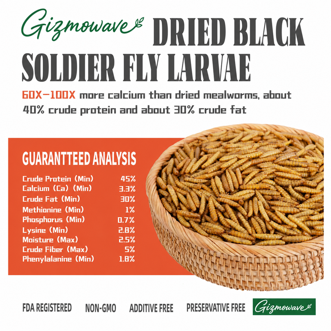 Gizmowave dried black soldier fly larvae guaranteed analysis