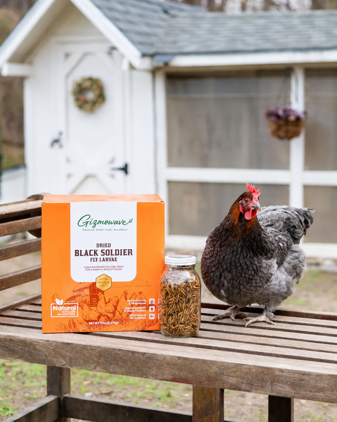 Gizmowave 5 lb BSFL box beside a backyard chicken