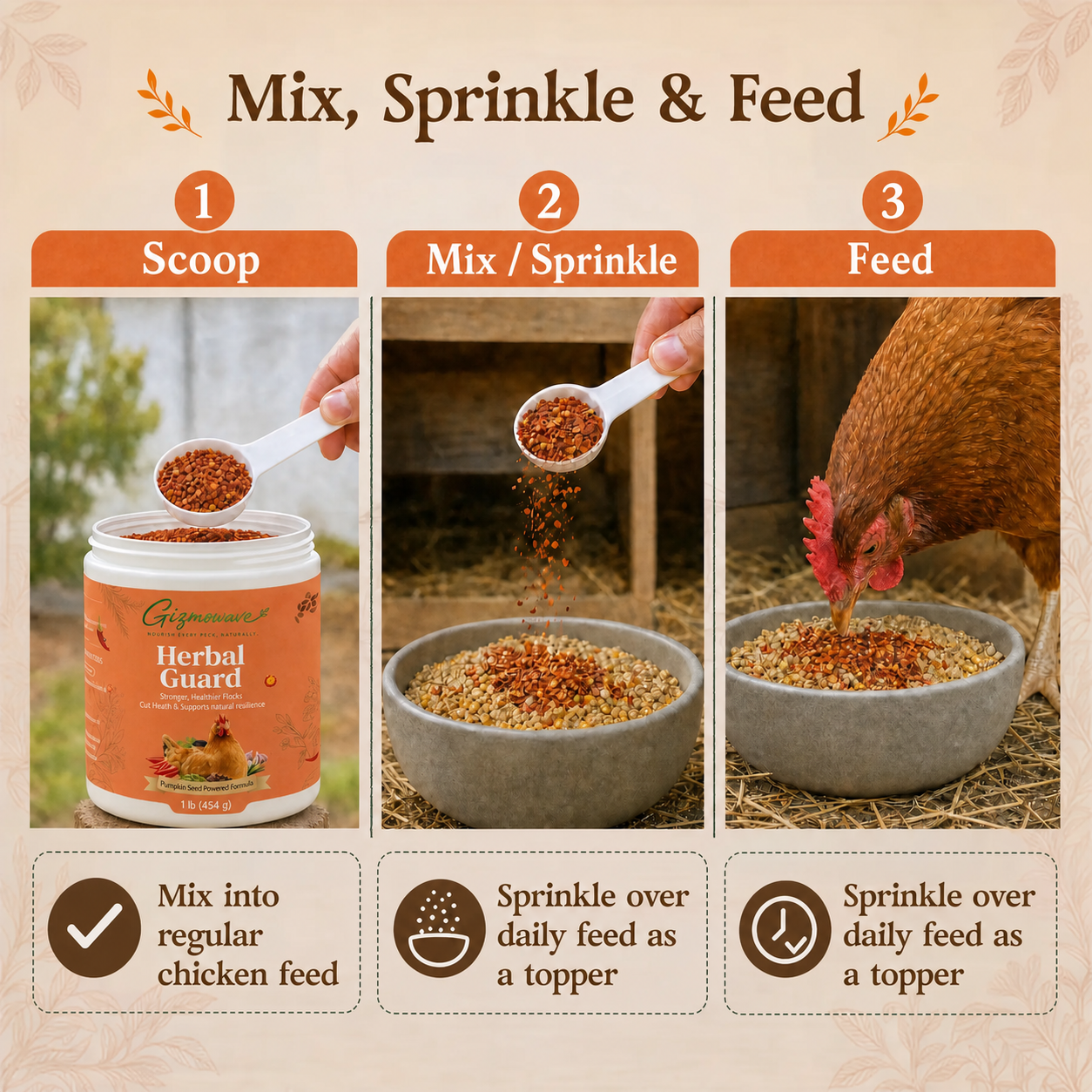 Mix or sprinkle Herbal Guard feeding directions