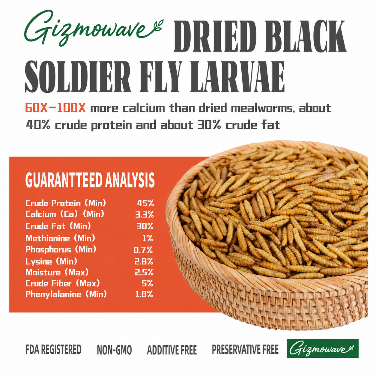 Gizmowave dried black soldier fly larvae guaranteed analysis