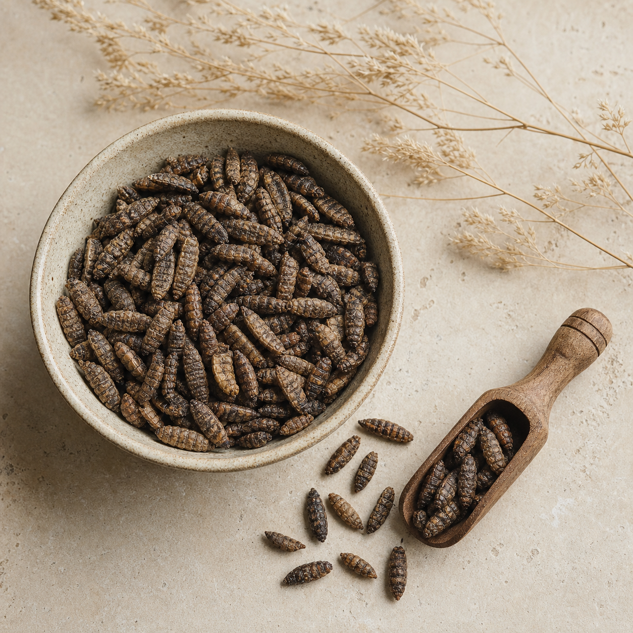 Whole dried black soldier fly larvae in a ceramic bowl